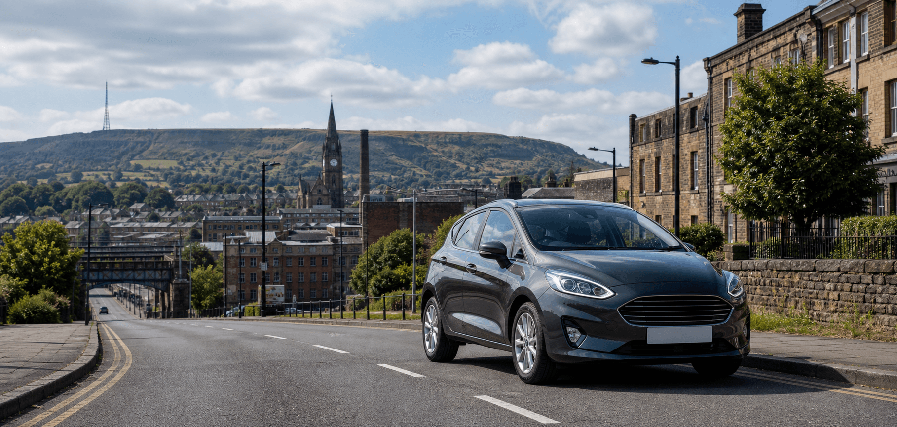 Compact hire car ready for practical travel around Todmorden